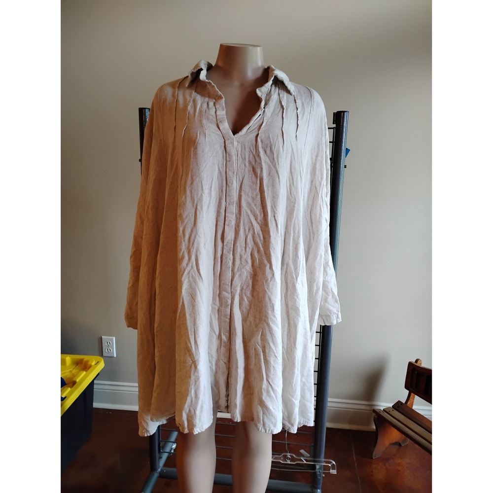 Myrah Penaloza Womens Linen Blend Shirt Dress Oversized Bali Handcrafted Tan OS